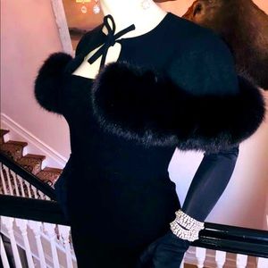 Vintage black strapless classic full length 50s wiggle gown with fox fur cape